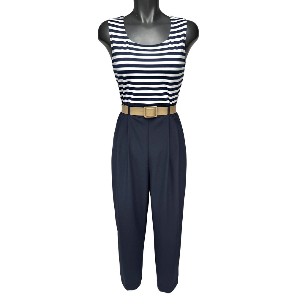JOHN ROBERTS 80s Vintage Nautical Stripe Navy Wide-Leg Jumpsuit‎ w/belt Size 6